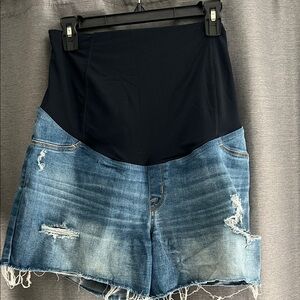 Maternity jean shorts. Cross back belly panel.